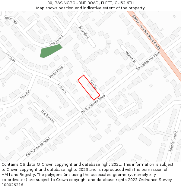 30, BASINGBOURNE ROAD, FLEET, GU52 6TH: Location map and indicative extent of plot