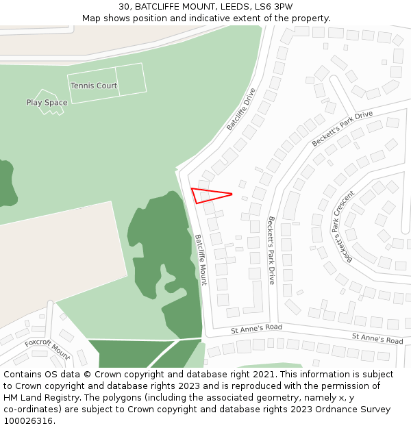 30, BATCLIFFE MOUNT, LEEDS, LS6 3PW: Location map and indicative extent of plot