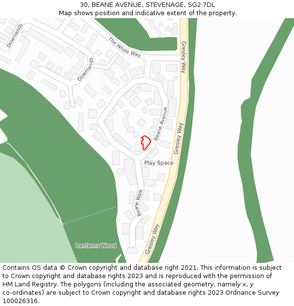 30, BEANE AVENUE, STEVENAGE, SG2 7DL: Location map and indicative extent of plot