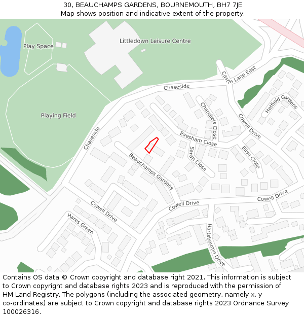 30, BEAUCHAMPS GARDENS, BOURNEMOUTH, BH7 7JE: Location map and indicative extent of plot