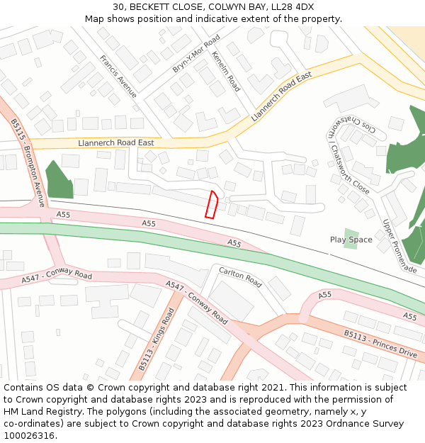 30, BECKETT CLOSE, COLWYN BAY, LL28 4DX: Location map and indicative extent of plot