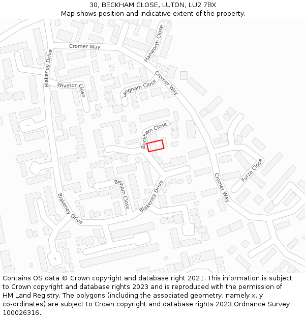 30, BECKHAM CLOSE, LUTON, LU2 7BX: Location map and indicative extent of plot
