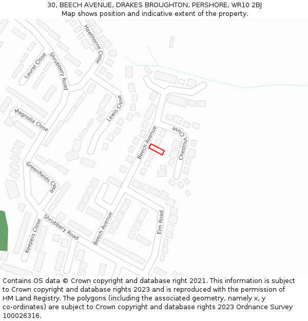 30, BEECH AVENUE, DRAKES BROUGHTON, PERSHORE, WR10 2BJ: Location map and indicative extent of plot