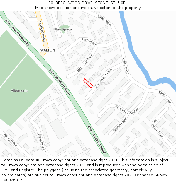 30, BEECHWOOD DRIVE, STONE, ST15 0EH: Location map and indicative extent of plot