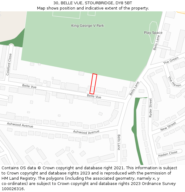 30, BELLE VUE, STOURBRIDGE, DY8 5BT: Location map and indicative extent of plot