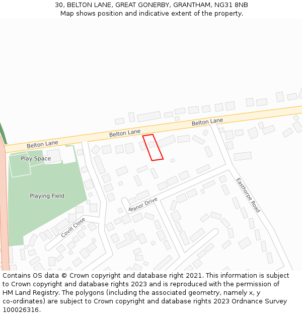 30, BELTON LANE, GREAT GONERBY, GRANTHAM, NG31 8NB: Location map and indicative extent of plot