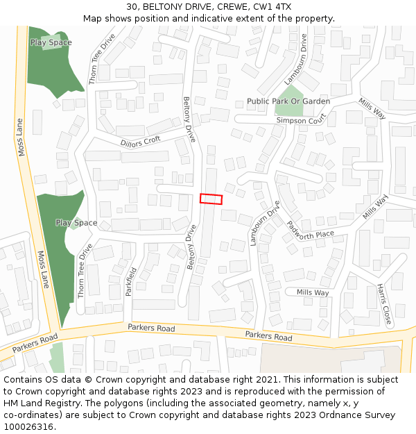 30, BELTONY DRIVE, CREWE, CW1 4TX: Location map and indicative extent of plot