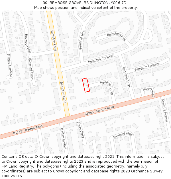 30, BEMROSE GROVE, BRIDLINGTON, YO16 7DL: Location map and indicative extent of plot