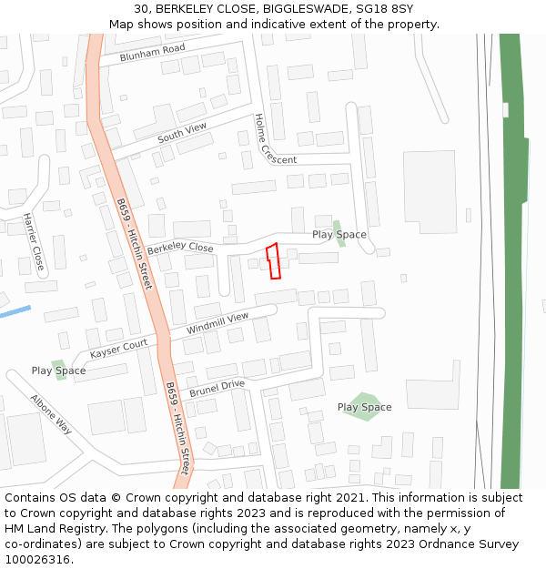 30, BERKELEY CLOSE, BIGGLESWADE, SG18 8SY: Location map and indicative extent of plot