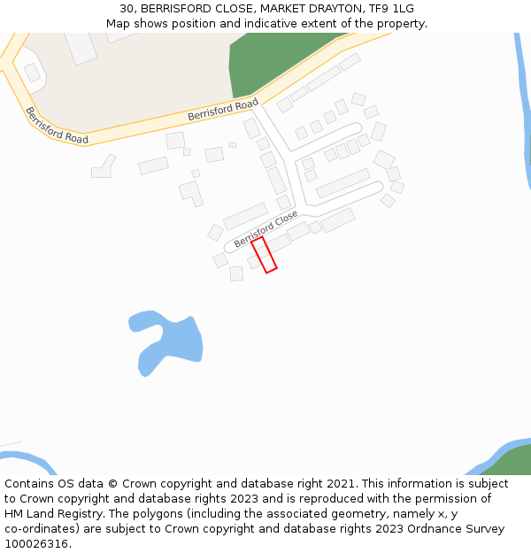 30, BERRISFORD CLOSE, MARKET DRAYTON, TF9 1LG: Location map and indicative extent of plot