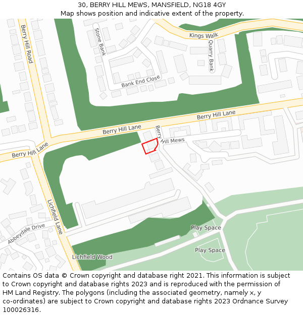 30, BERRY HILL MEWS, MANSFIELD, NG18 4GY: Location map and indicative extent of plot