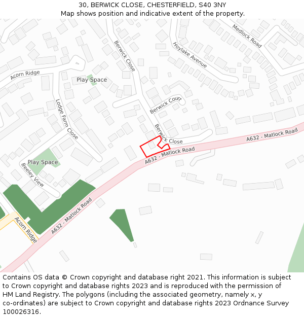 30, BERWICK CLOSE, CHESTERFIELD, S40 3NY: Location map and indicative extent of plot