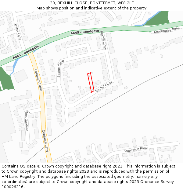 30, BEXHILL CLOSE, PONTEFRACT, WF8 2LE: Location map and indicative extent of plot