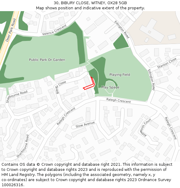 30, BIBURY CLOSE, WITNEY, OX28 5GB: Location map and indicative extent of plot