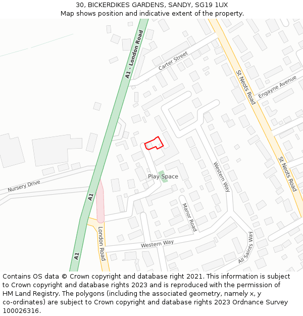 30, BICKERDIKES GARDENS, SANDY, SG19 1UX: Location map and indicative extent of plot