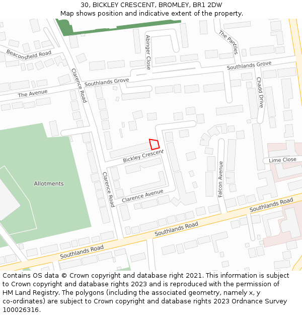30, BICKLEY CRESCENT, BROMLEY, BR1 2DW: Location map and indicative extent of plot