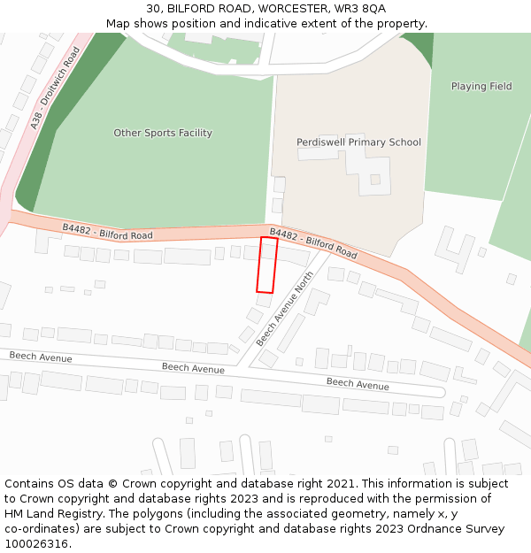 30, BILFORD ROAD, WORCESTER, WR3 8QA: Location map and indicative extent of plot