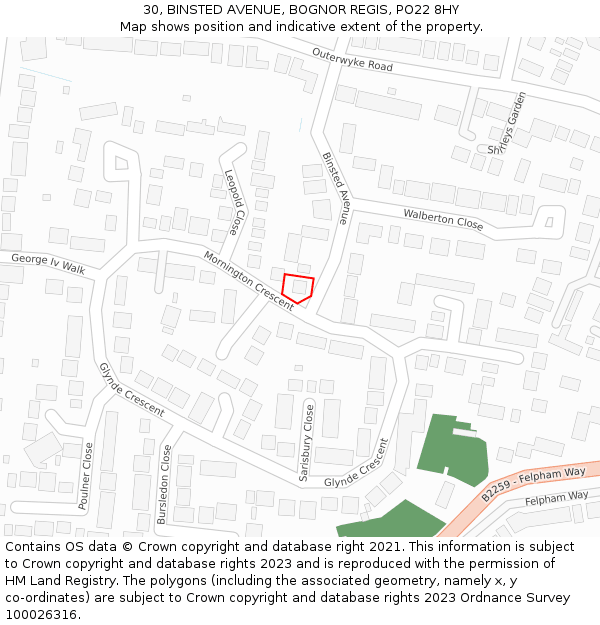 30, BINSTED AVENUE, BOGNOR REGIS, PO22 8HY: Location map and indicative extent of plot