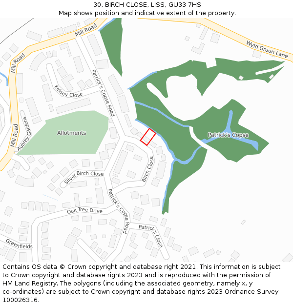 30, BIRCH CLOSE, LISS, GU33 7HS: Location map and indicative extent of plot