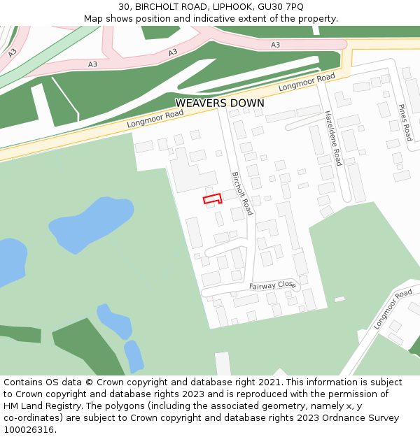 30, BIRCHOLT ROAD, LIPHOOK, GU30 7PQ: Location map and indicative extent of plot