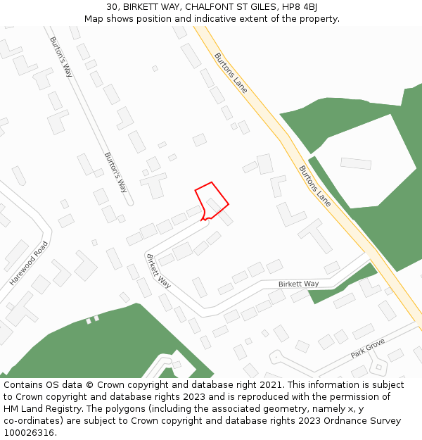 30, BIRKETT WAY, CHALFONT ST GILES, HP8 4BJ: Location map and indicative extent of plot