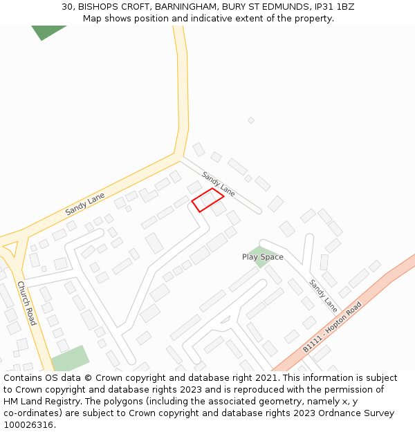 30, BISHOPS CROFT, BARNINGHAM, BURY ST EDMUNDS, IP31 1BZ: Location map and indicative extent of plot