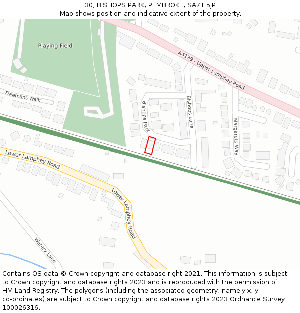 30, BISHOPS PARK, PEMBROKE, SA71 5JP: Location map and indicative extent of plot