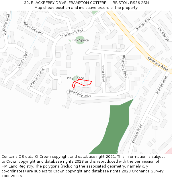 30, BLACKBERRY DRIVE, FRAMPTON COTTERELL, BRISTOL, BS36 2SN: Location map and indicative extent of plot