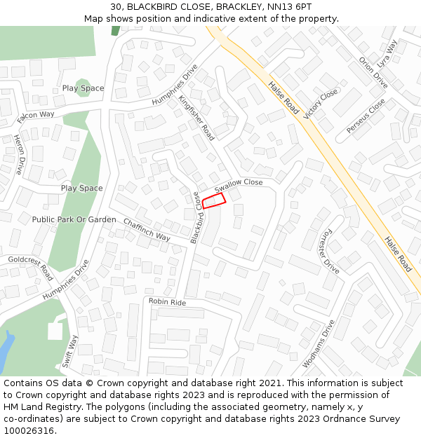 30, BLACKBIRD CLOSE, BRACKLEY, NN13 6PT: Location map and indicative extent of plot