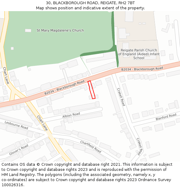 30, BLACKBOROUGH ROAD, REIGATE, RH2 7BT: Location map and indicative extent of plot