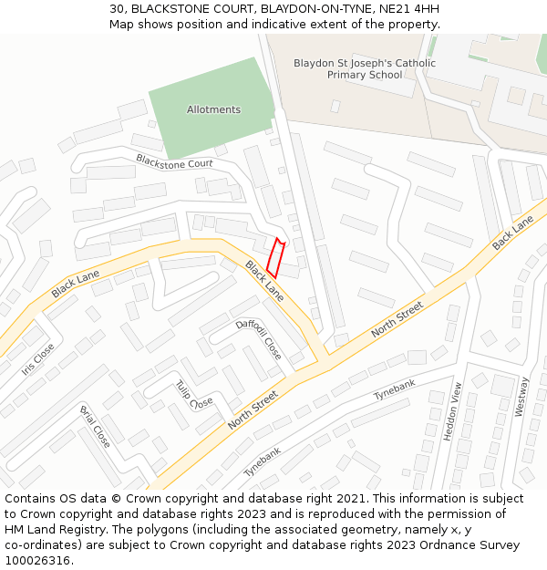 30, BLACKSTONE COURT, BLAYDON-ON-TYNE, NE21 4HH: Location map and indicative extent of plot