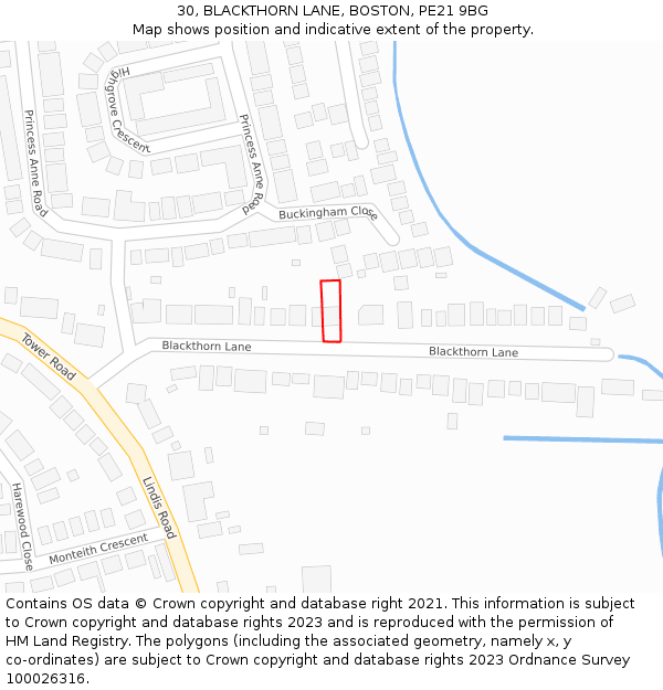 30, BLACKTHORN LANE, BOSTON, PE21 9BG: Location map and indicative extent of plot