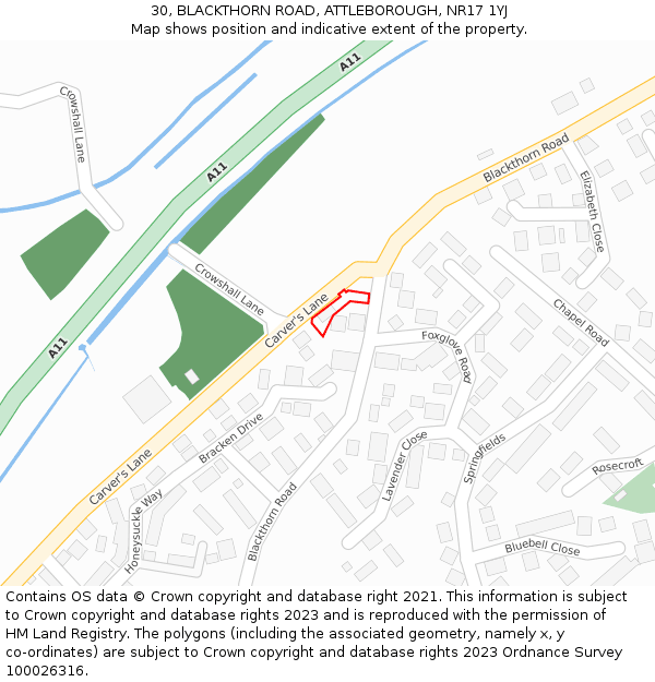 30, BLACKTHORN ROAD, ATTLEBOROUGH, NR17 1YJ: Location map and indicative extent of plot