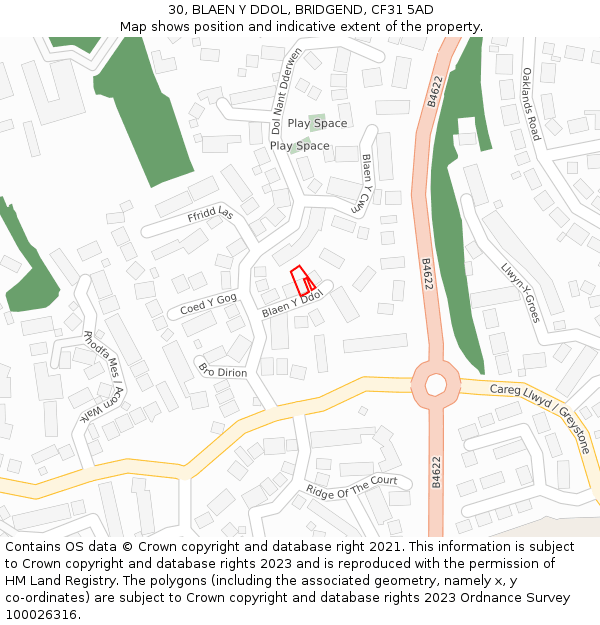 30, BLAEN Y DDOL, BRIDGEND, CF31 5AD: Location map and indicative extent of plot