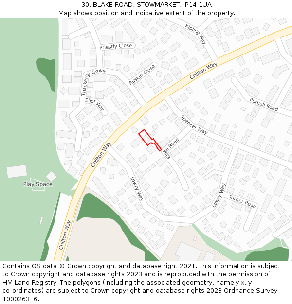 30, BLAKE ROAD, STOWMARKET, IP14 1UA: Location map and indicative extent of plot