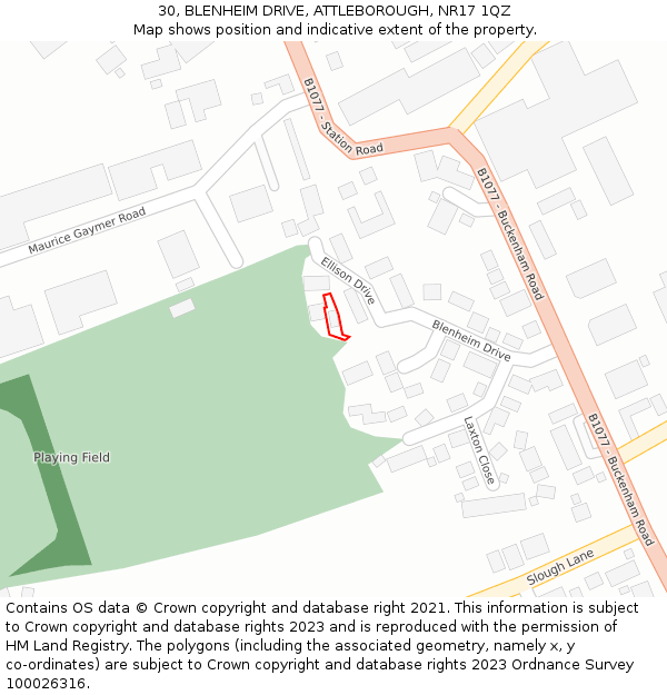 30, BLENHEIM DRIVE, ATTLEBOROUGH, NR17 1QZ: Location map and indicative extent of plot