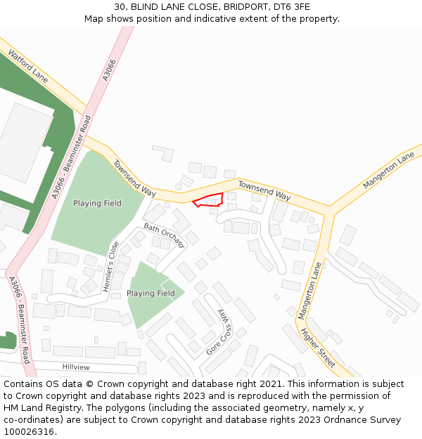 30, BLIND LANE CLOSE, BRIDPORT, DT6 3FE: Location map and indicative extent of plot
