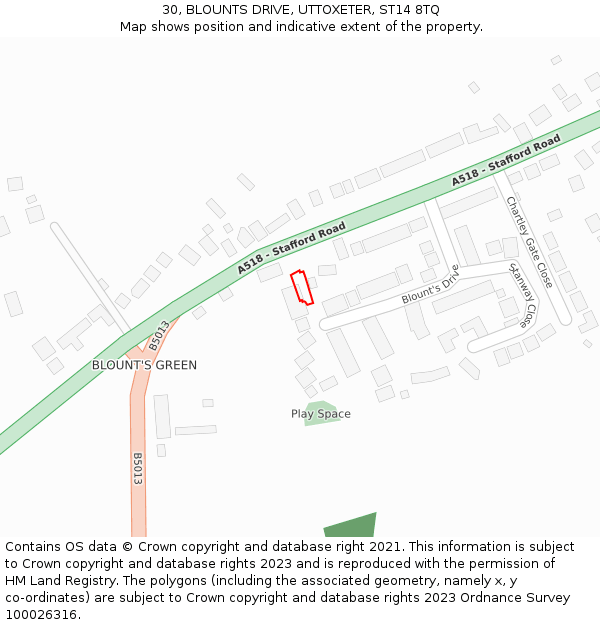 30, BLOUNTS DRIVE, UTTOXETER, ST14 8TQ: Location map and indicative extent of plot