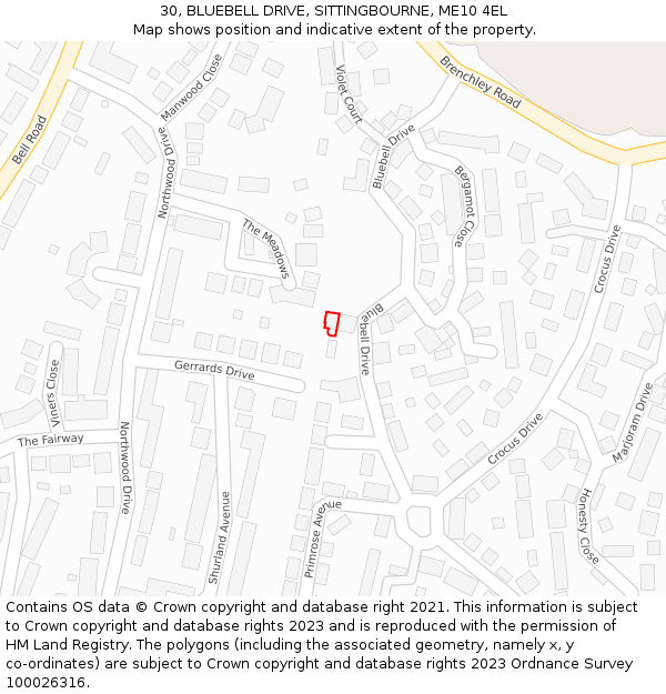 30, BLUEBELL DRIVE, SITTINGBOURNE, ME10 4EL: Location map and indicative extent of plot