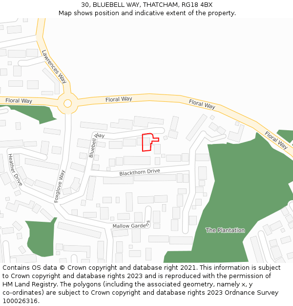 30, BLUEBELL WAY, THATCHAM, RG18 4BX: Location map and indicative extent of plot