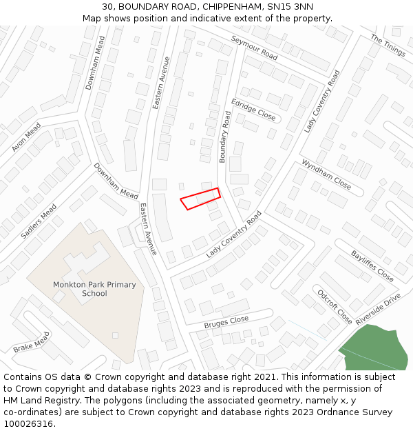 30, BOUNDARY ROAD, CHIPPENHAM, SN15 3NN: Location map and indicative extent of plot