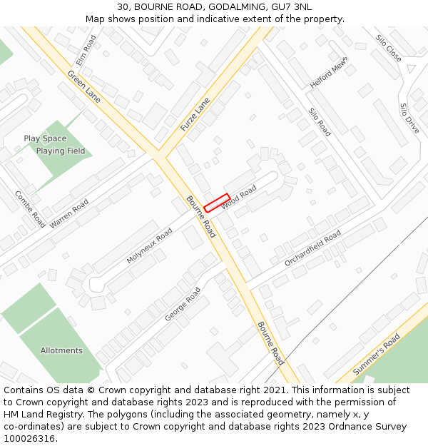 30, BOURNE ROAD, GODALMING, GU7 3NL: Location map and indicative extent of plot