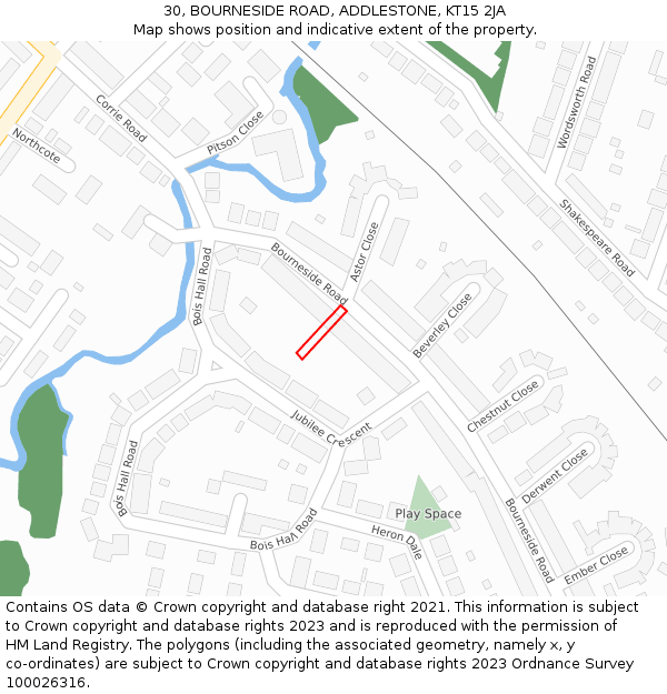 30, BOURNESIDE ROAD, ADDLESTONE, KT15 2JA: Location map and indicative extent of plot