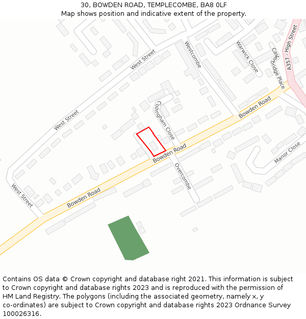 30, BOWDEN ROAD, TEMPLECOMBE, BA8 0LF: Location map and indicative extent of plot