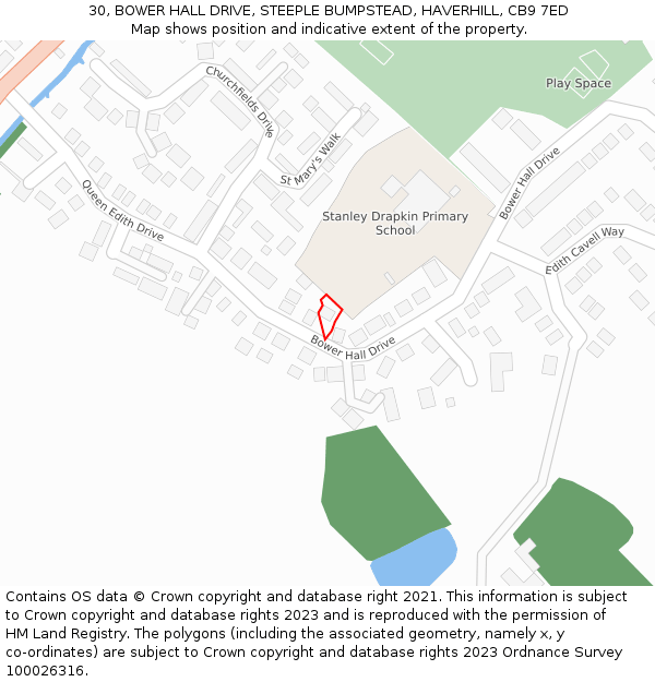 30, BOWER HALL DRIVE, STEEPLE BUMPSTEAD, HAVERHILL, CB9 7ED: Location map and indicative extent of plot