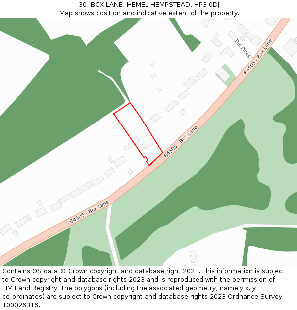 30, BOX LANE, HEMEL HEMPSTEAD, HP3 0DJ: Location map and indicative extent of plot