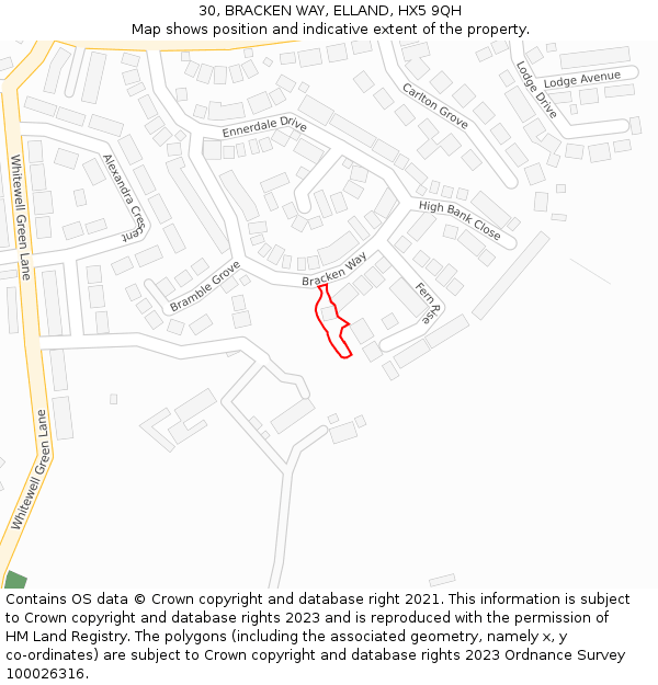 30, BRACKEN WAY, ELLAND, HX5 9QH: Location map and indicative extent of plot