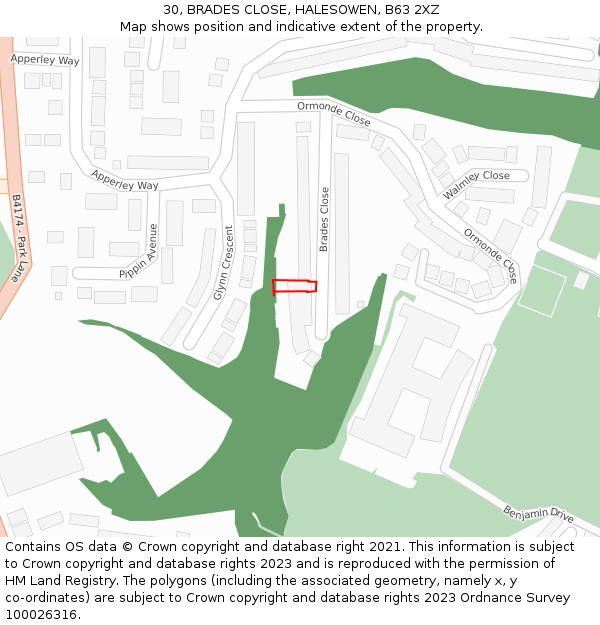 30, BRADES CLOSE, HALESOWEN, B63 2XZ: Location map and indicative extent of plot