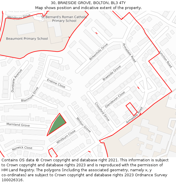 30, BRAESIDE GROVE, BOLTON, BL3 4TY: Location map and indicative extent of plot