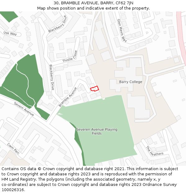 30, BRAMBLE AVENUE, BARRY, CF62 7JN: Location map and indicative extent of plot